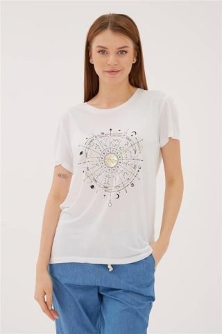 FASHION FRIENDS KADIN BASKILI T-SHİRT 23Y-TST0422K1 BEYAZ - S