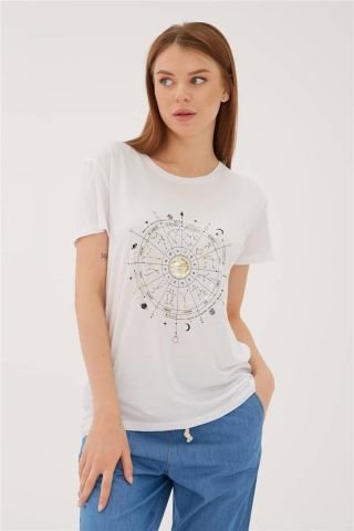 FASHION FRIENDS KADIN BASKILI T-SHİRT 23Y-TST0422K1 BEYAZ - S