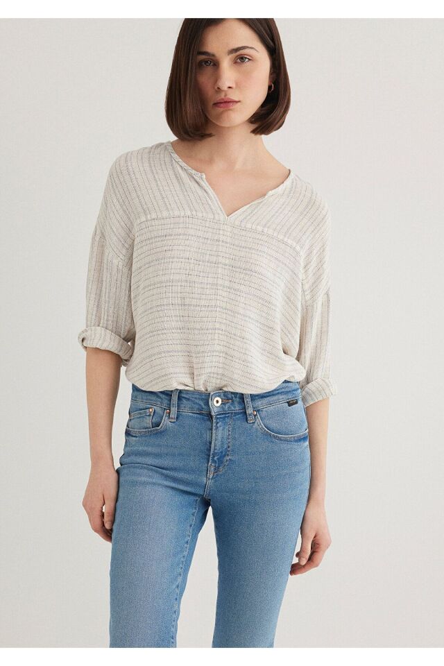 MAVİ KADIN KISA KOLLU GÖMLEK Mavi Çizgili 1210328-83905