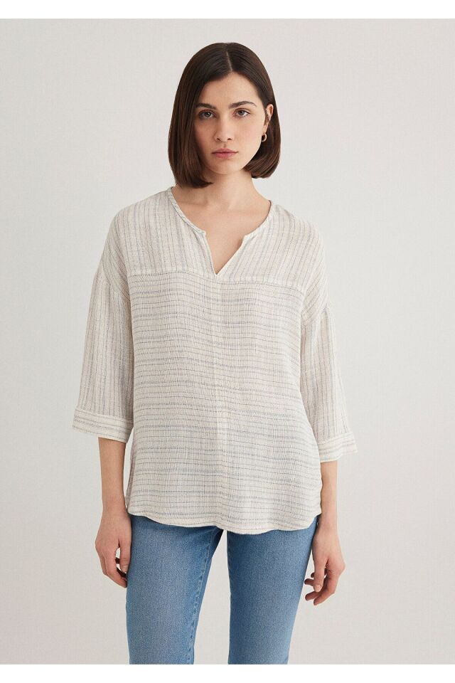 MAVİ KADIN KISA KOLLU GÖMLEK Mavi Çizgili 1210328-83905