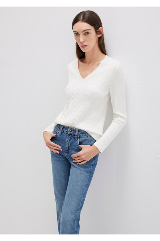 MAVİ KADIN V YAKA KAZAK Kırık Beyaz 1710340-70057