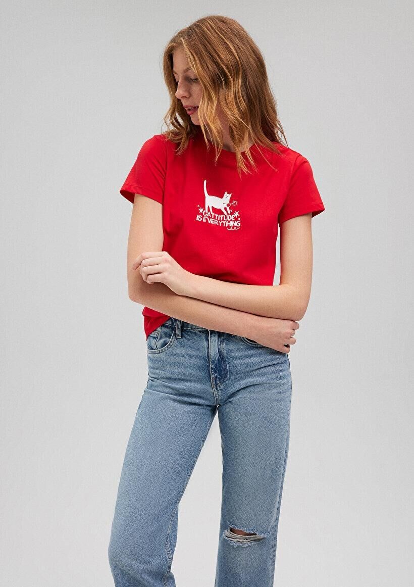 MAVİ KADIN KEDİ BASKILI GRAFIK TIŞORT Acı Kırmızı 1612202-82054