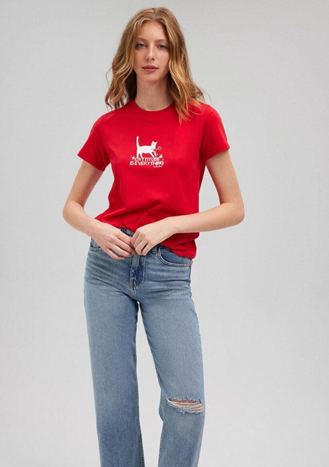 MAVİ KADIN KEDİ BASKILI GRAFIK TIŞORT Acı Kırmızı 1612202-82054