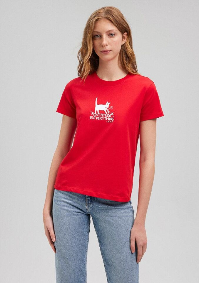 MAVİ KADIN KEDİ BASKILI GRAFIK TIŞORT Acı Kırmızı 1612202-82054