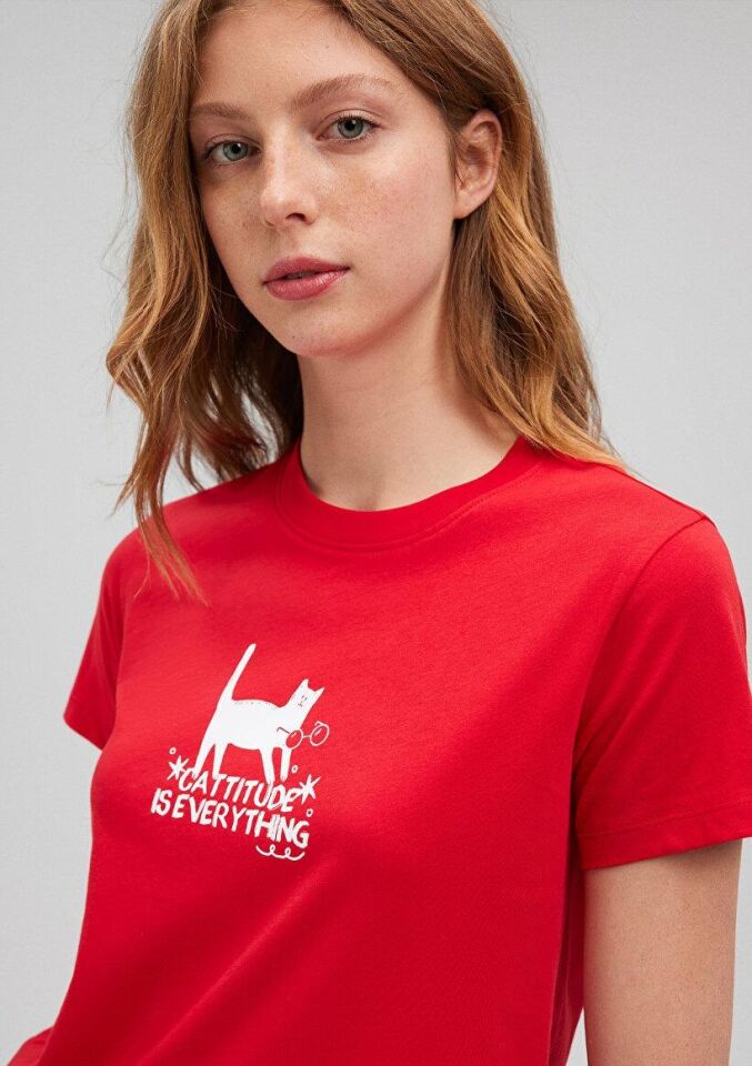 MAVİ KADIN KEDİ BASKILI GRAFIK TIŞORT Acı Kırmızı 1612202-82054