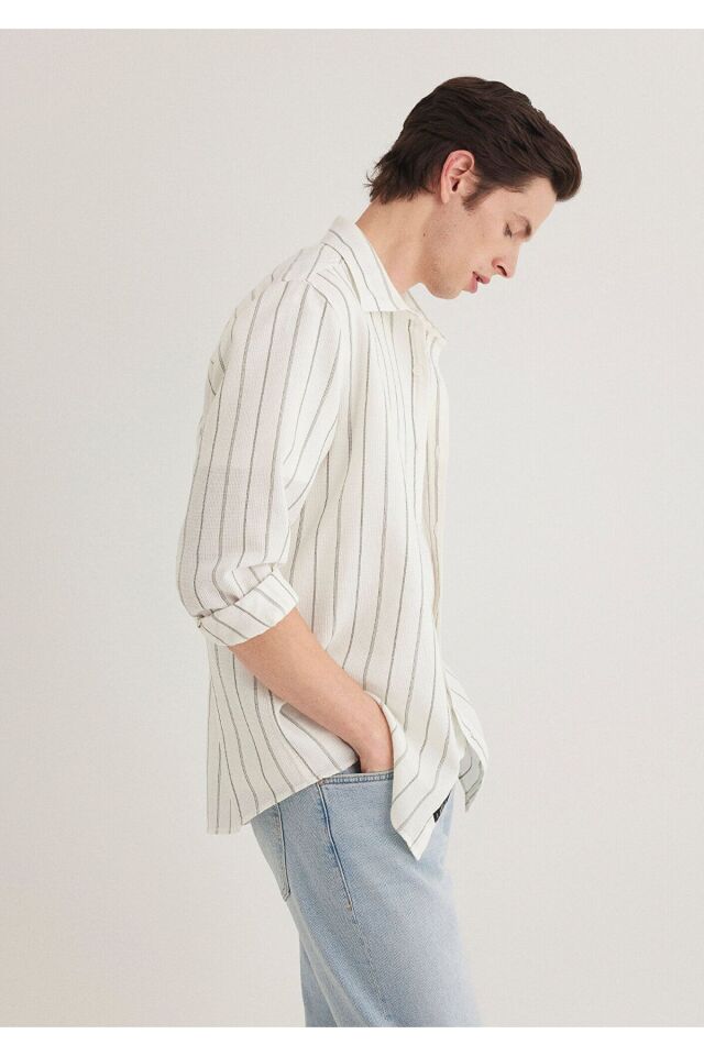 MAVİ ERKEK ÇİZGİLİ GÖMLEK Açık Haki 0211384-80692