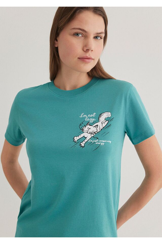 MAVİ KADIN KEDİ BASKILI TİŞÖRT Bristol Blue 1612233-71823