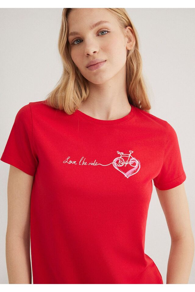 MAVİ KADIN BİSİKLET BASKILI GRAFİK TİŞÖRT Acı Kırmı 1612961-82054