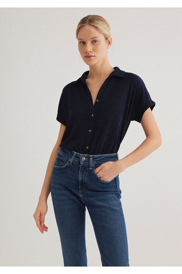 MAVİ KADIN KISA KOLLU POLO YAKA PENYE Koyu Lacivert 1612142-82318