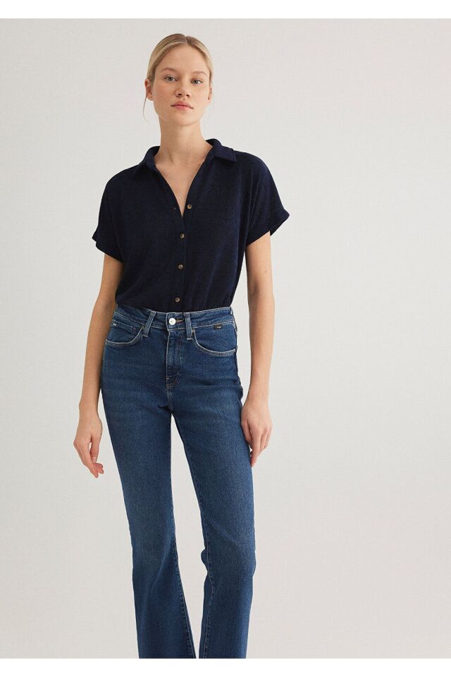 MAVİ KADIN KISA KOLLU POLO YAKA PENYE Koyu Lacivert 1612142-82318