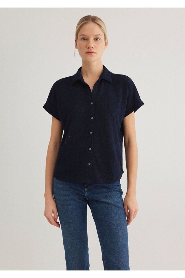 MAVİ KADIN KISA KOLLU POLO YAKA PENYE Koyu Lacivert 1612142-82318