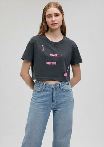 MAVİ KADIN GRAFİK BASKILI CROP TİŞÖRT Kömür 1612500-70087