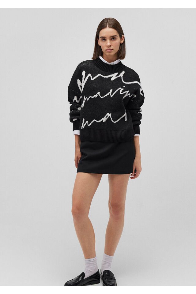 MAVİ KADIN BİSİKLET YAKA DESENLİ KAZAK Siyah 1710378-900