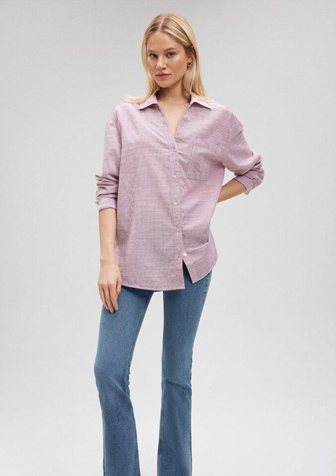 MAVİ KADIN V YAKA GÖMLEK Kırmızı Çizgili 1210671-84494