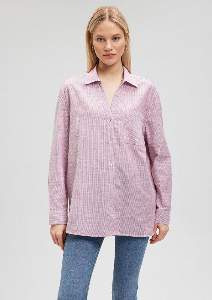 MAVİ KADIN V YAKA GÖMLEK Kırmızı Çizgili 1210671-84494