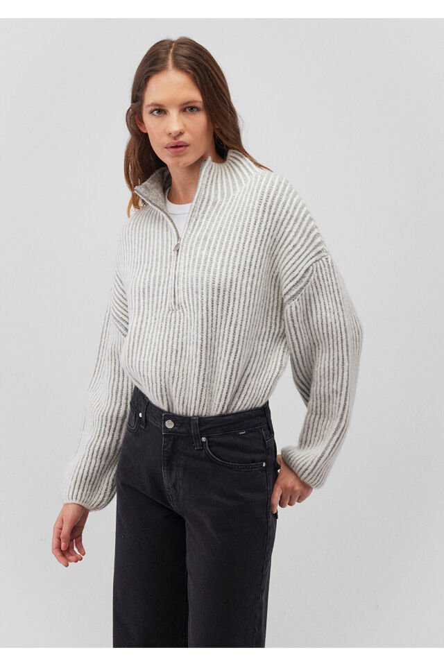 MAVİ KADIN YARIM FERMUARLI KAZAK Antique White Stri 1710571-86426