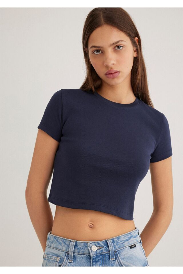 MAVİ KADIN YUVARLAK YAKA BASIC TİŞÖRT Gece Mavisi 1600814-85315