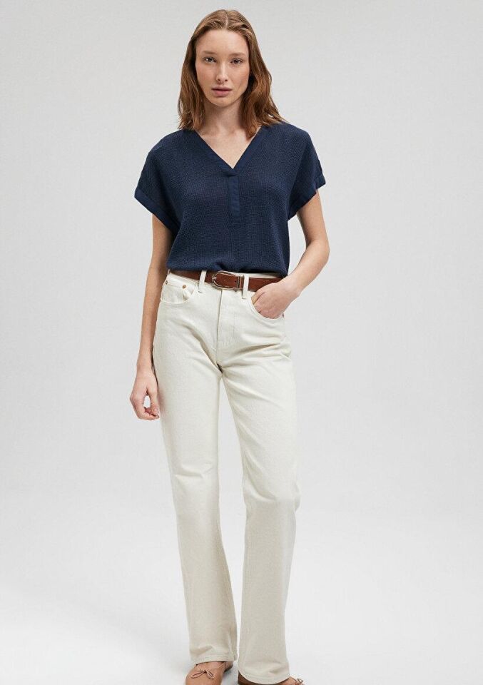 MAVİ KADIN V YAKA KISA KOLLU BLUZ Koyu Lacivert 1210804-82318