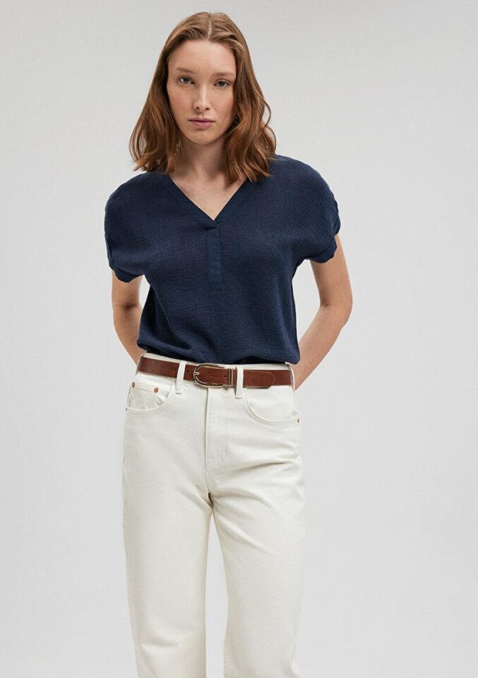 MAVİ KADIN V YAKA KISA KOLLU BLUZ Koyu Lacivert 1210804-82318