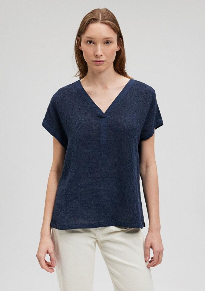 MAVİ KADIN V YAKA KISA KOLLU BLUZ Koyu Lacivert 1210804-82318