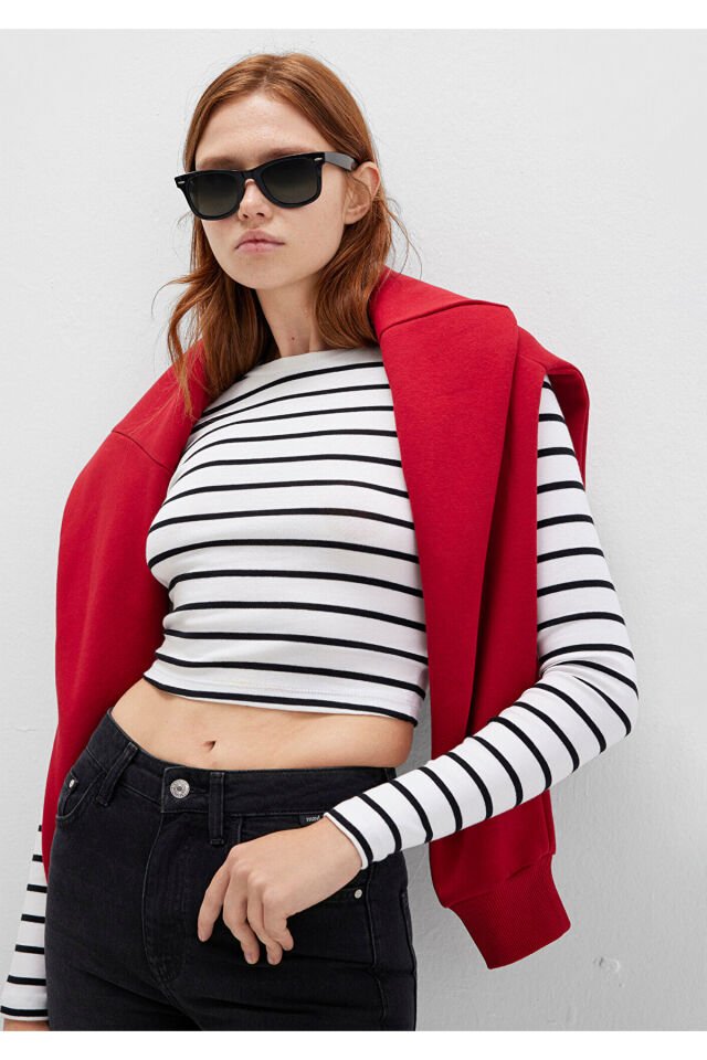 MAVİ KADIN UZUN KOLLU PENYE UST  Siyah Çizgili 1612822-85407