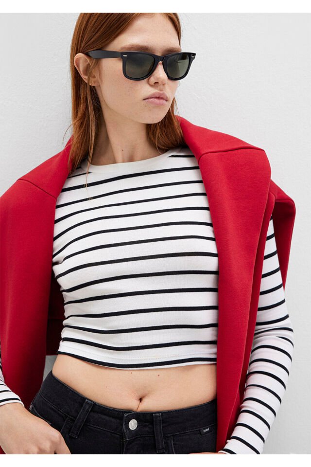 MAVİ KADIN UZUN KOLLU PENYE UST  Siyah Çizgili 1612822-85407