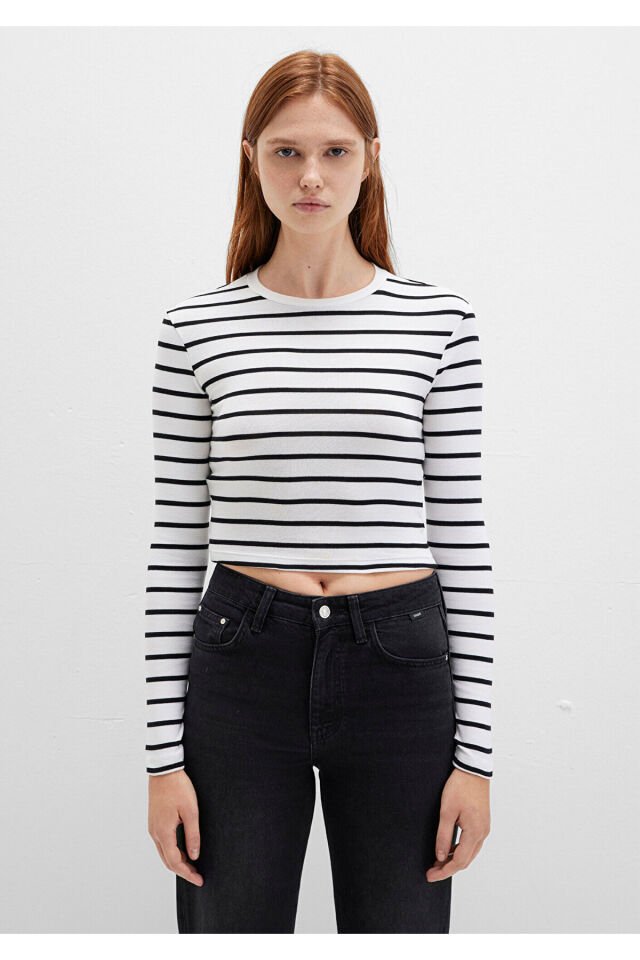 MAVİ KADIN UZUN KOLLU PENYE UST  Siyah Çizgili 1612822-85407