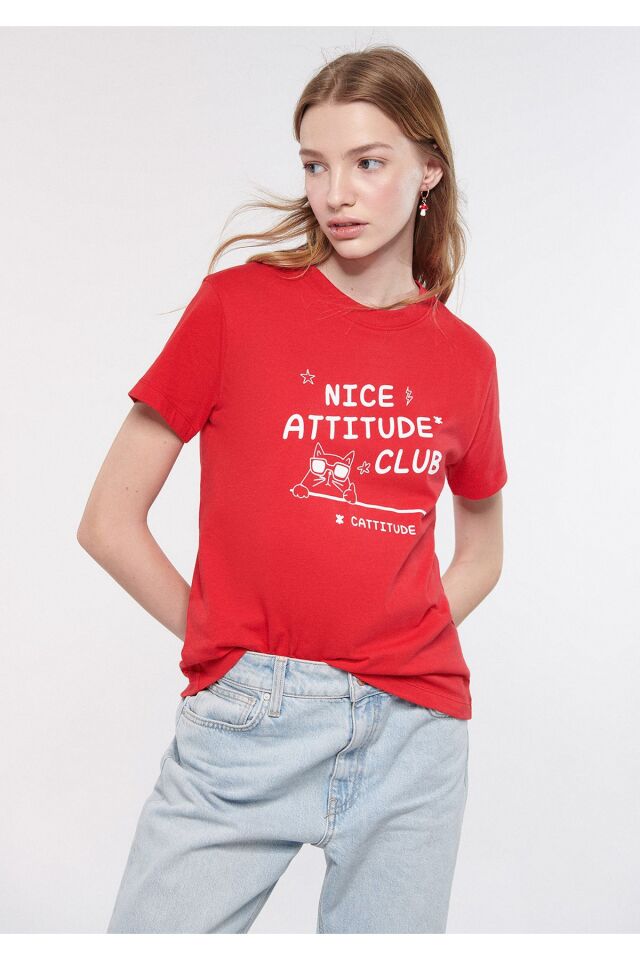 MAVİ KADIN NICE ATTITUDE BASKILI TIŞORT Kırmızı 1611256-70471