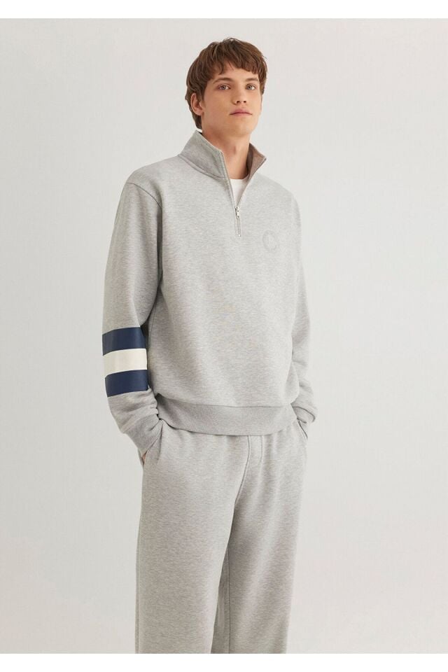 MAVİ ERKEK M BASKILI HALF ZIP SWEATSHIRT Açık Gri M 0S10307-80196
