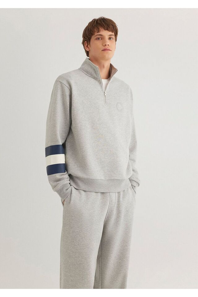 MAVİ ERKEK M BASKILI HALF ZIP SWEATSHIRT Açık Gri M 0S10307-80196