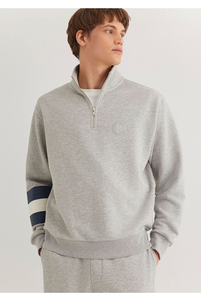 MAVİ ERKEK M BASKILI HALF ZIP SWEATSHIRT Açık Gri M 0S10307-80196