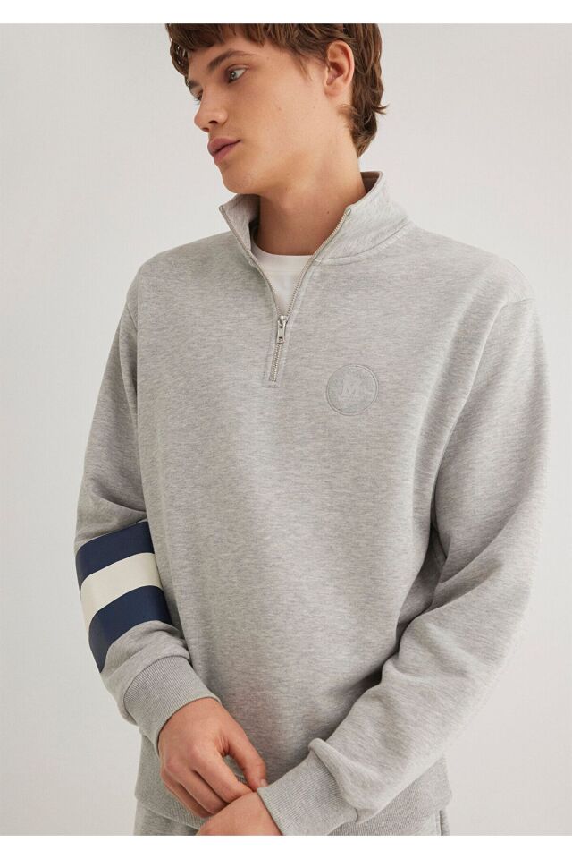MAVİ ERKEK M BASKILI HALF ZIP SWEATSHIRT Açık Gri M 0S10307-80196