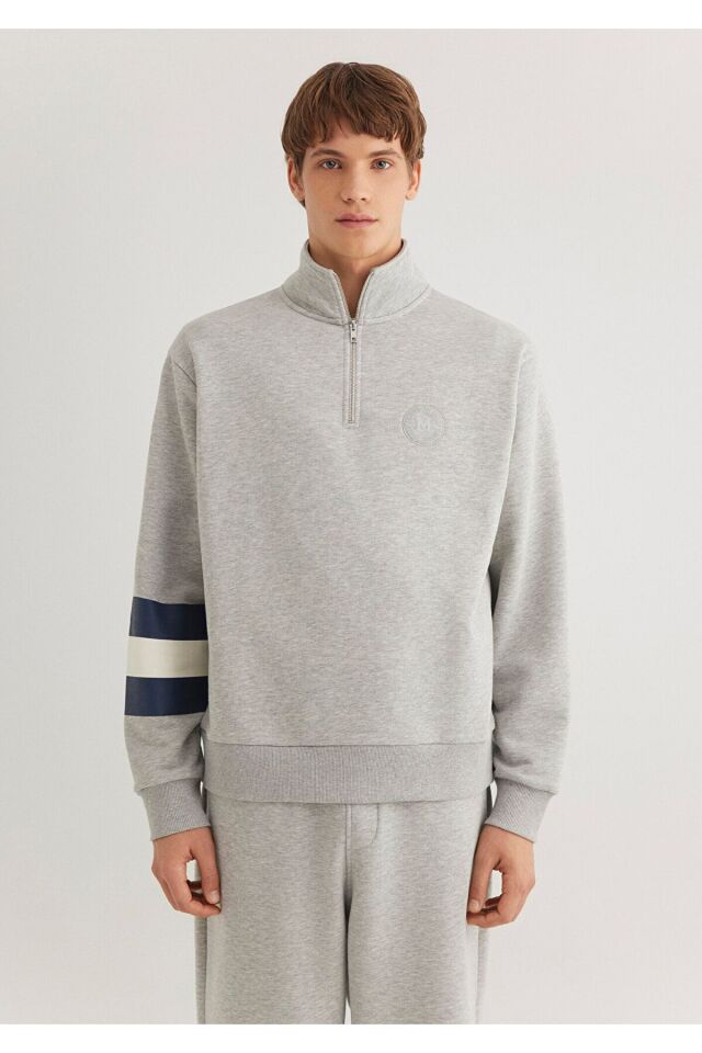MAVİ ERKEK M BASKILI HALF ZIP SWEATSHIRT Açık Gri M 0S10307-80196