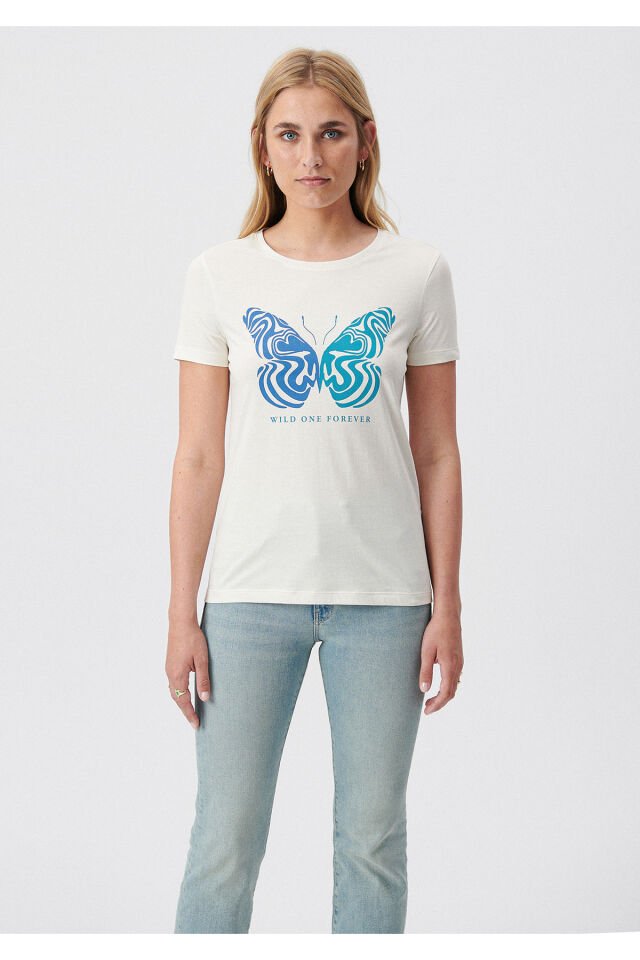 MAVİ KADIN KELEBEK BASKILI TİŞÖRT Hindistan Cevizi 1611709-80194