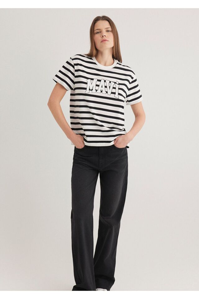 MAVİ KADIN KISA KOLLU LOGO PENYE  SİYAH BEYAZ ÇİZGİ 1611360-84041