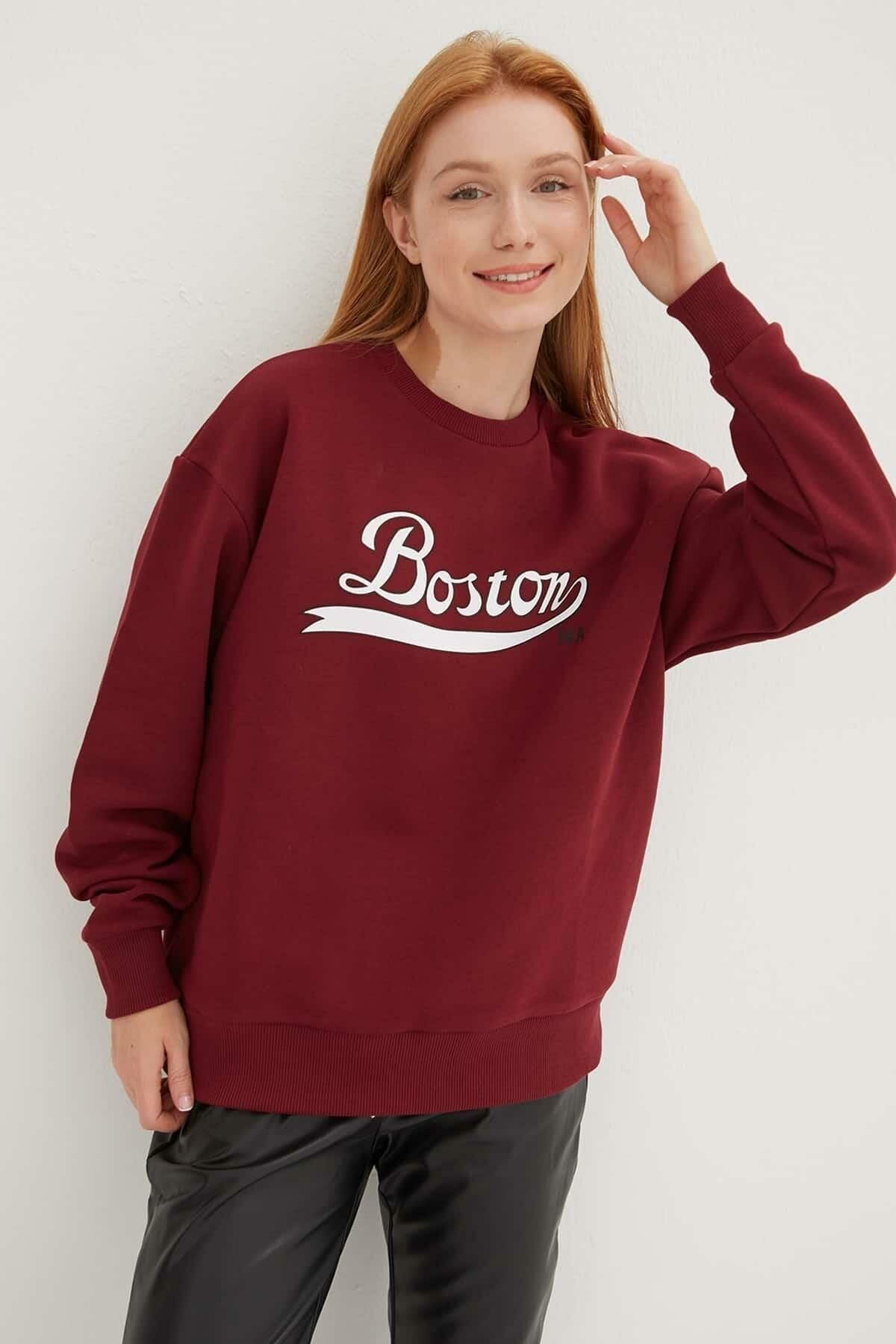 FASHION FRIENDS KADIN BİSİKLET YAKA BASKILI SWEAT 24K0843K1