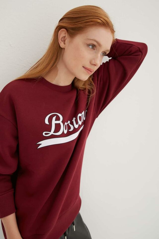 FASHION FRIENDS KADIN BİSİKLET YAKA BASKILI SWEAT 24K0843K1