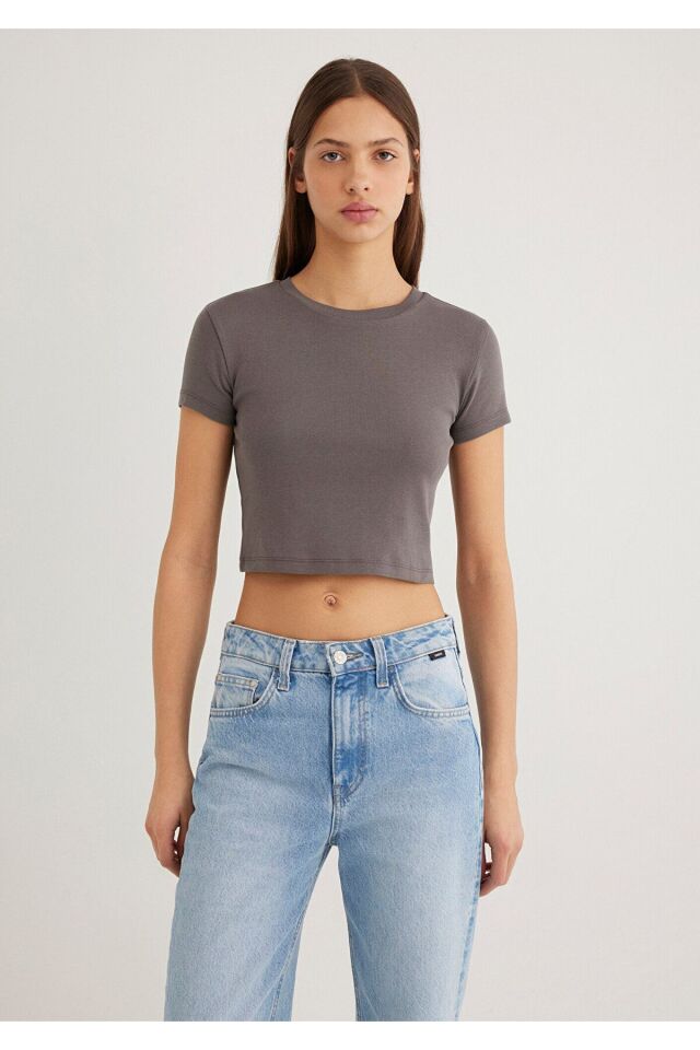 MAVİ KADIN YUVARLAK YAKA BASIC TİŞÖRT DARK GULL GRA 1600814-70095