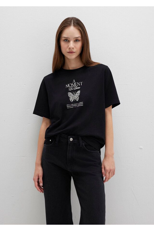 MAVİ KADIN KELEBEK BASKILI TİŞÖRT SİYAH 1613462-900