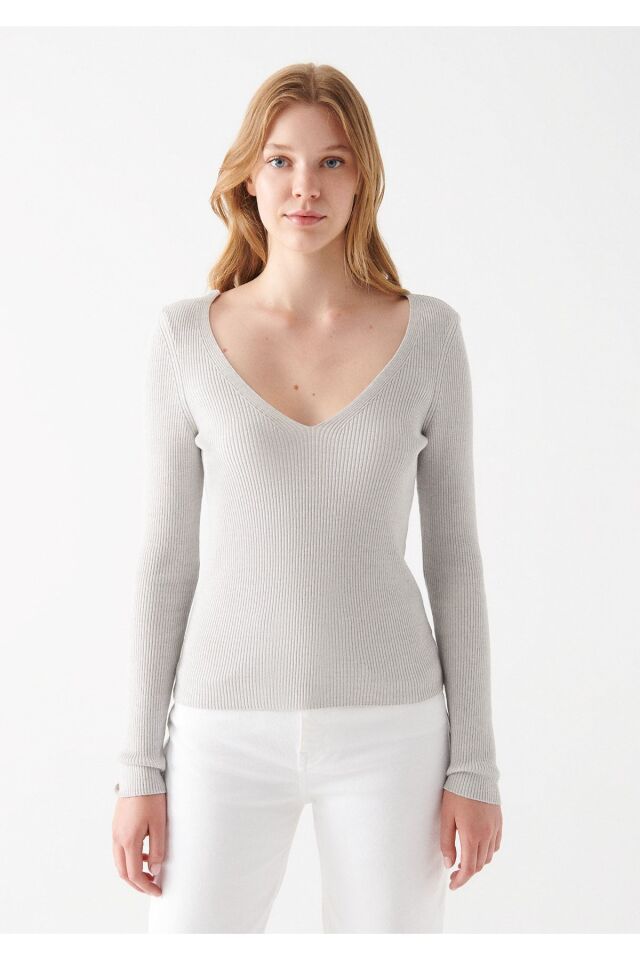 MAVİ KADIN V YAKA KAZAK Açık Gri Melanj 1710121-80196