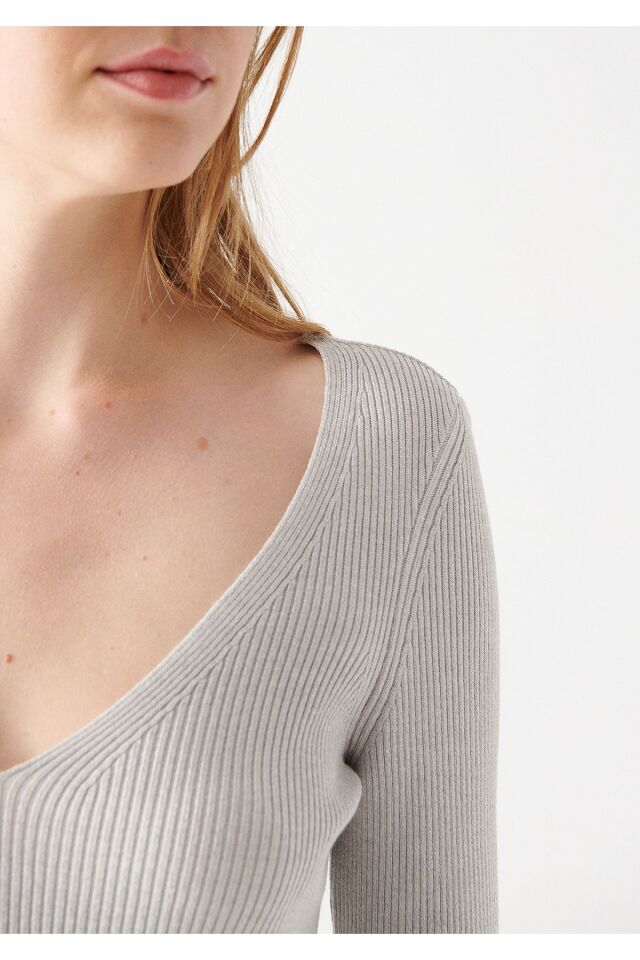 MAVİ KADIN V YAKA KAZAK Açık Gri Melanj 1710121-80196