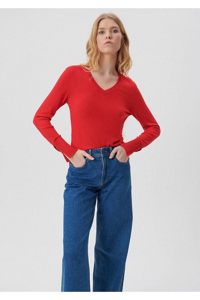 MAVİ KADIN V YAKA KAZAK Yanık Kırmızı 171346-70461