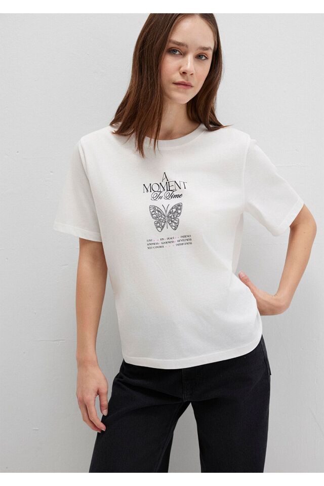 MAVİ KADIN KELEBEK BASKILI TİŞÖRT KIRIK BEYAZ 1613462-70057