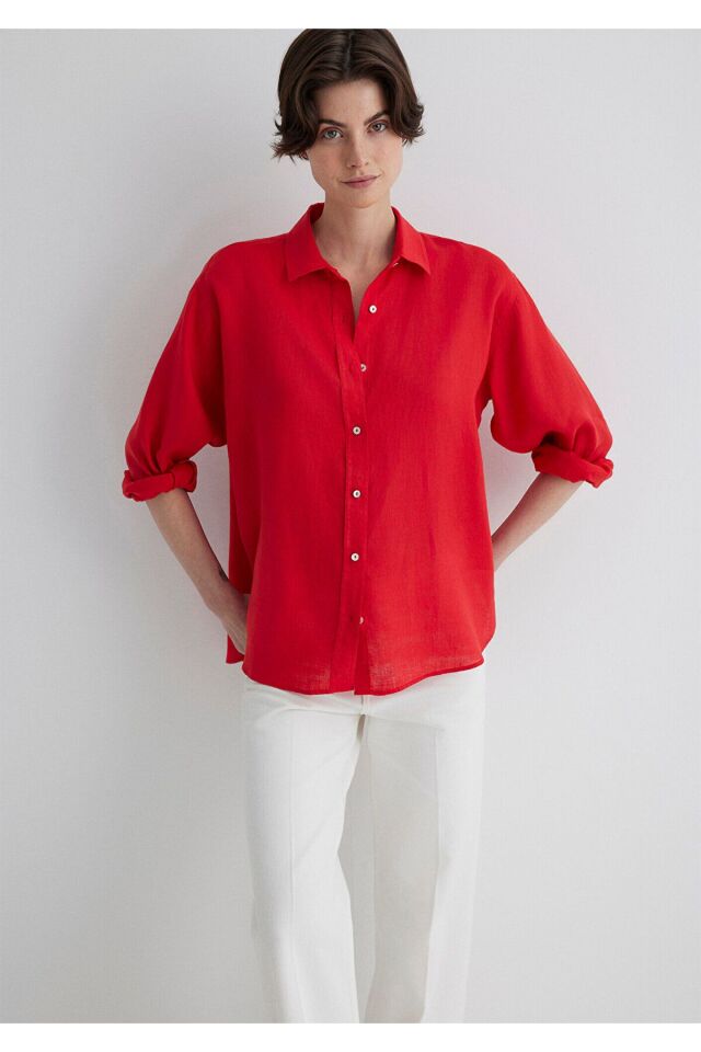 MAVİ KADIN UZUN KOLLU GÖMLEK PARLAK KIRMIZI 1210747-80791