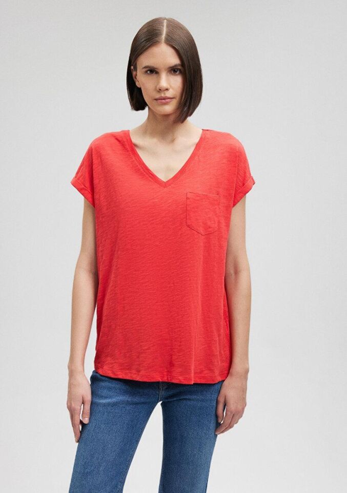 MAVİ KADIN V YAKA BASIC TİŞÖRT Nar Çiçeği 1600961-71083