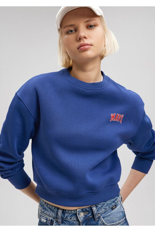 MAVİ KADIN LOGO KISA SWEATSHIRT Koyu Saks Mavi 1611601-70722