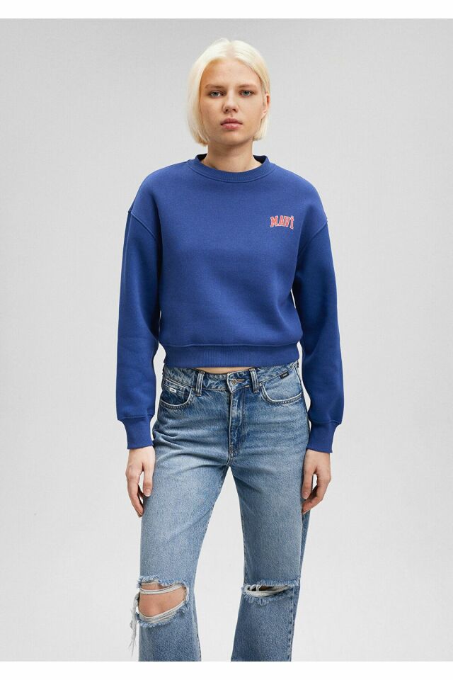 MAVİ KADIN LOGO KISA SWEATSHIRT Koyu Saks Mavi 1611601-70722