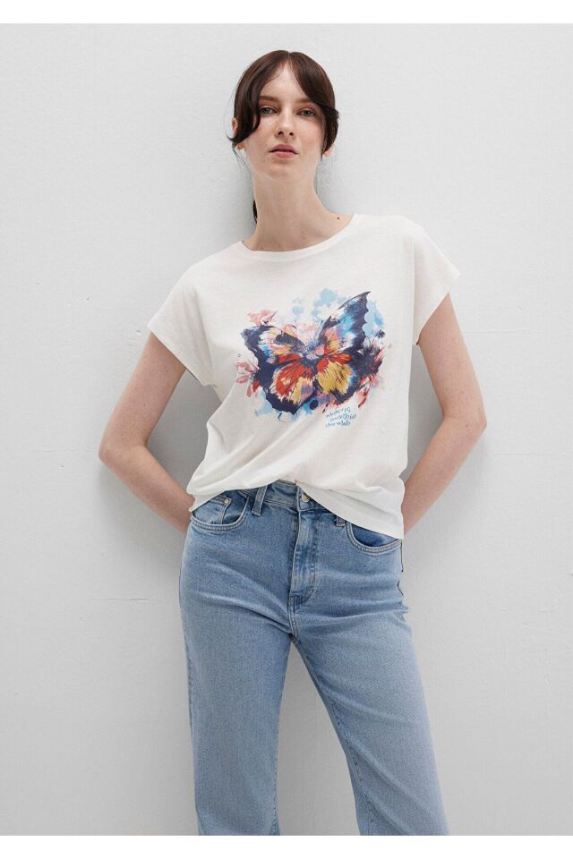 MAVİ KADIN KELEBEK BASKILI TİŞÖRT Hindistan Cevizi 1613457-80194