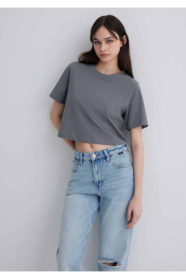 MAVİ KADIN KISA KOLLU CROP TİŞÖRT Soluk Gri 1613072-85316