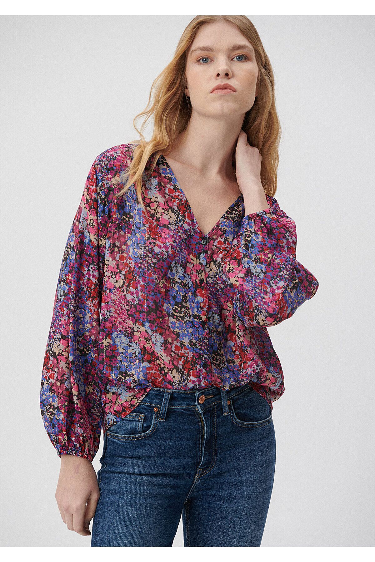 MAVİ KADIN V YAKA UZUN KOL GÖMLEK Mixed Floral Prin 1210633-85877